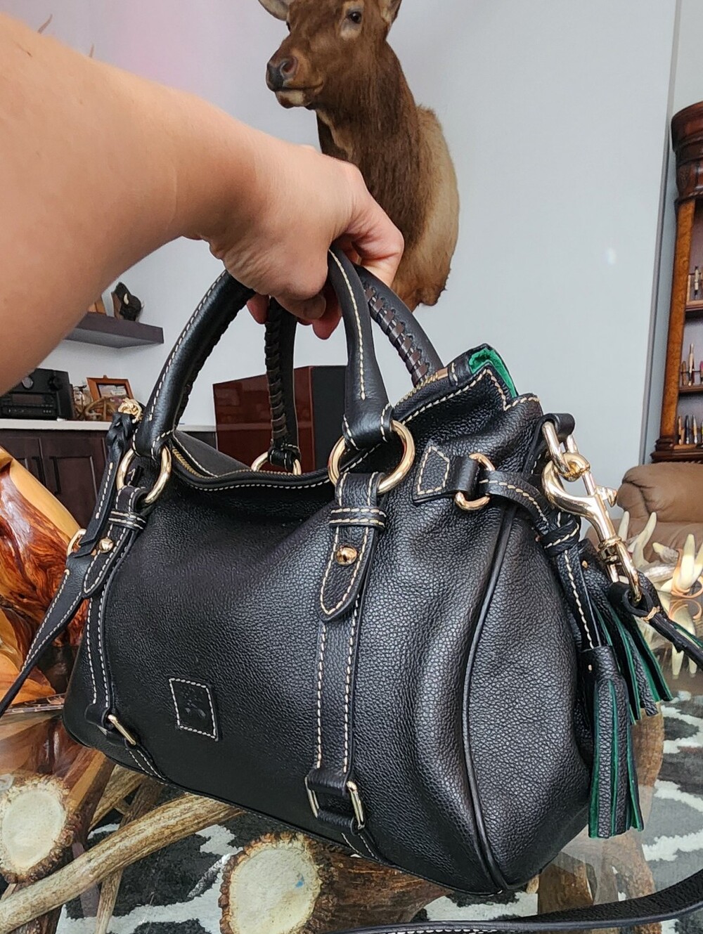 Dooney & Bourke Black Leather Satchel with Green Tassel and Gold Hardware